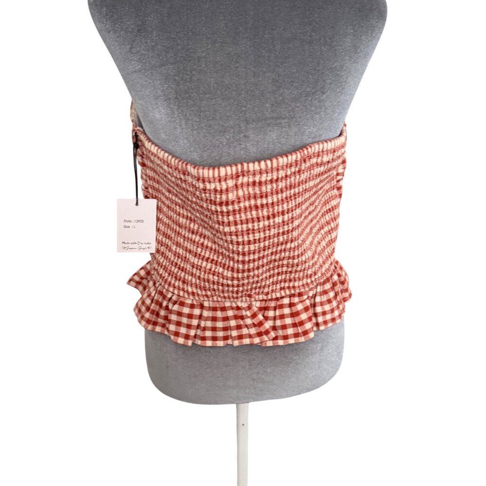 Red & White Gingham Smocked Strapless Top With Ruffle Hem Size L By Japna NWT - Picture 3 of 4